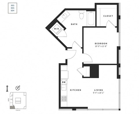 Floor plan for 1 bed, 1 bath, 690 sqft